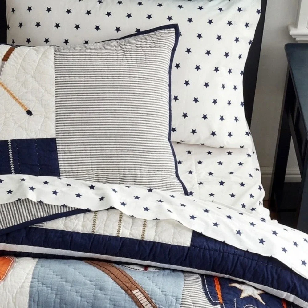 Pottery Barn Kids Star Flat Sheet Twin 100% Cotton White Navy‎ Blue Nautical